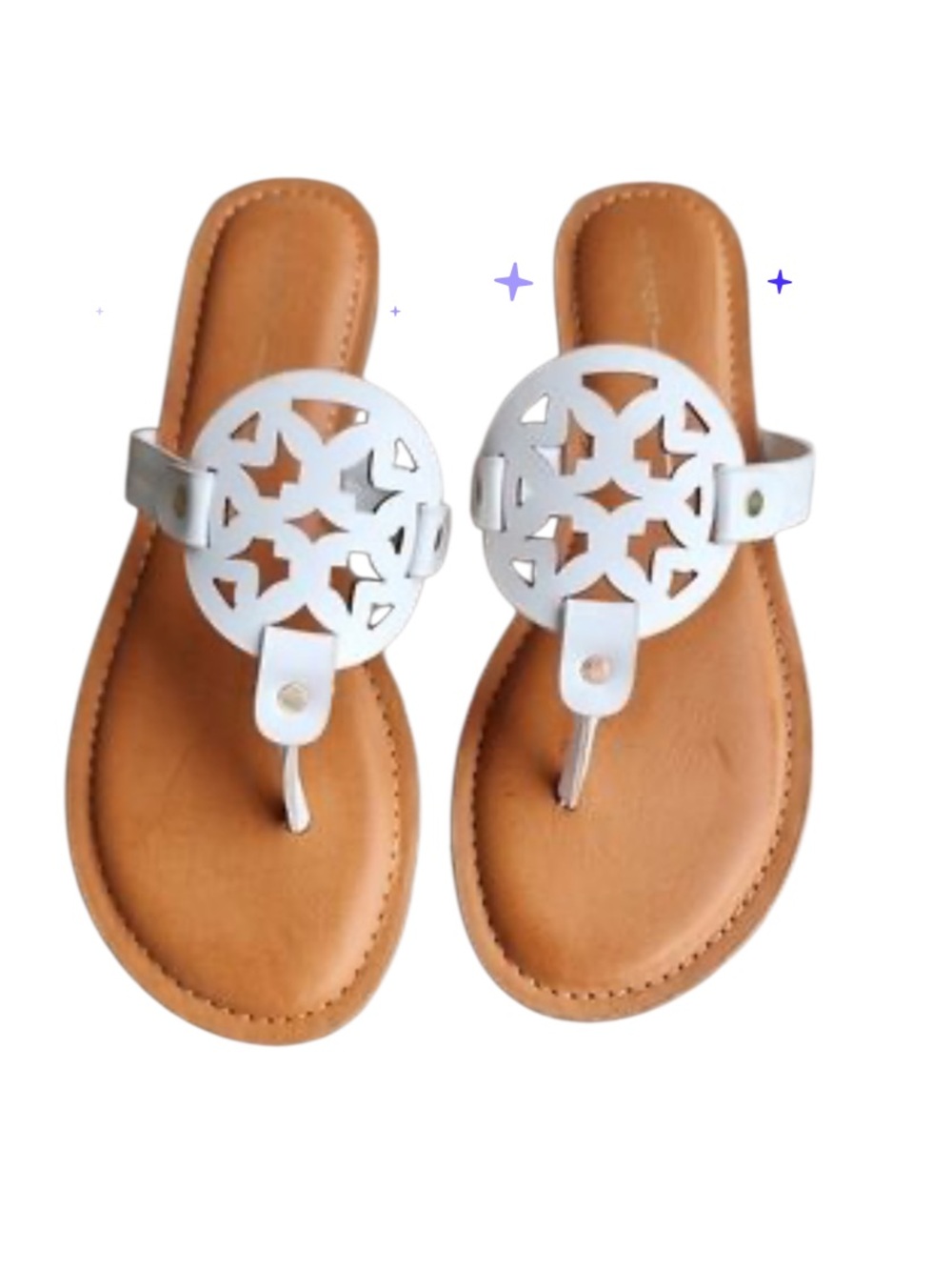 Women’s White Cutout Thong Sandals with Tan Footbed